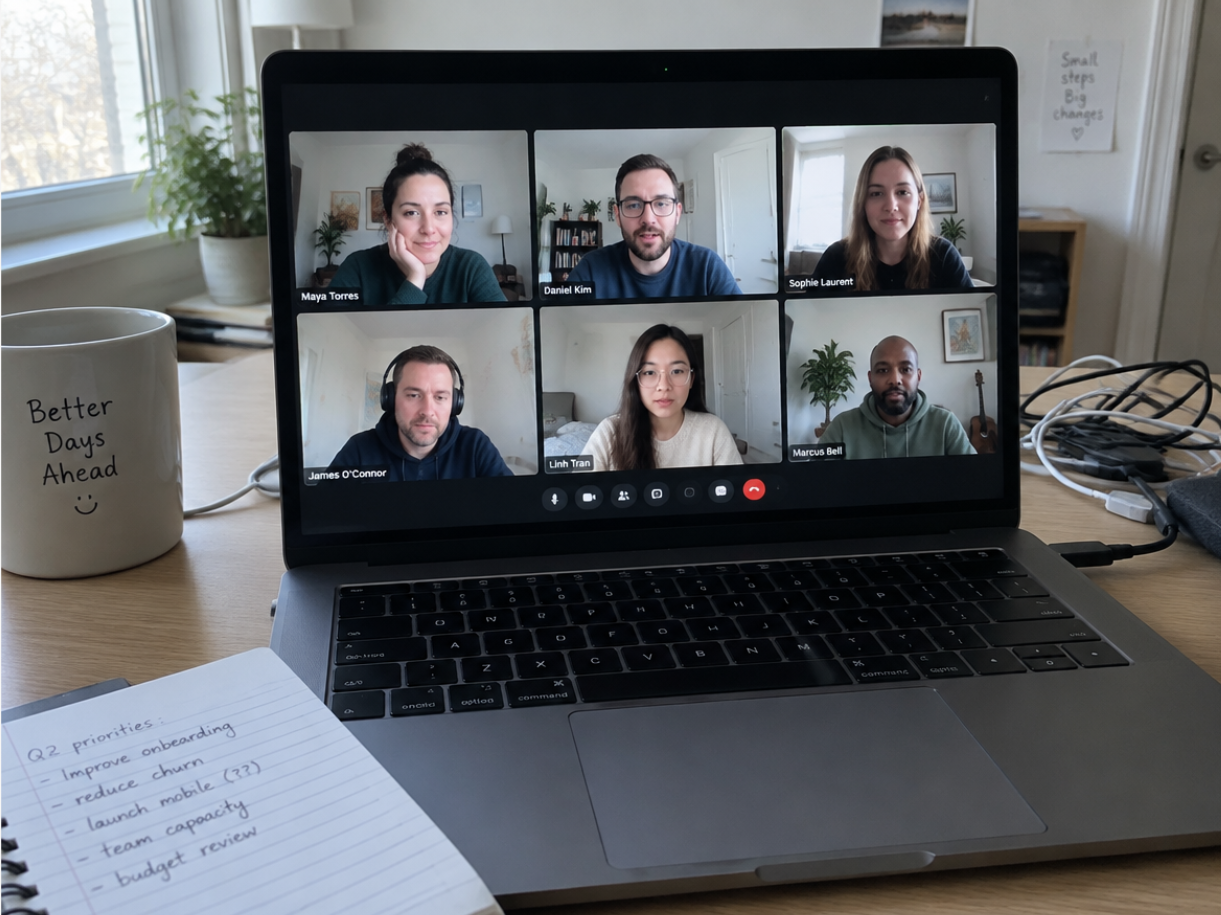 A small group coaching call on a laptop screen