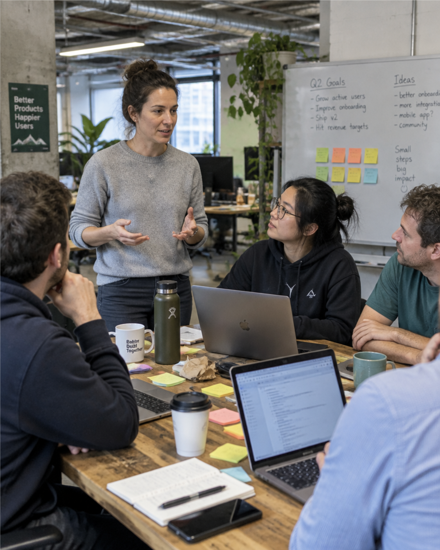 A team lead in conversation with colleagues in an open office